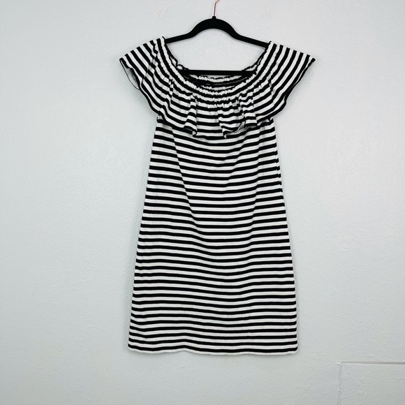 Kate Spade Black & White Striped Ruffle Off-Shoulder Dress - Picture 2 of 4